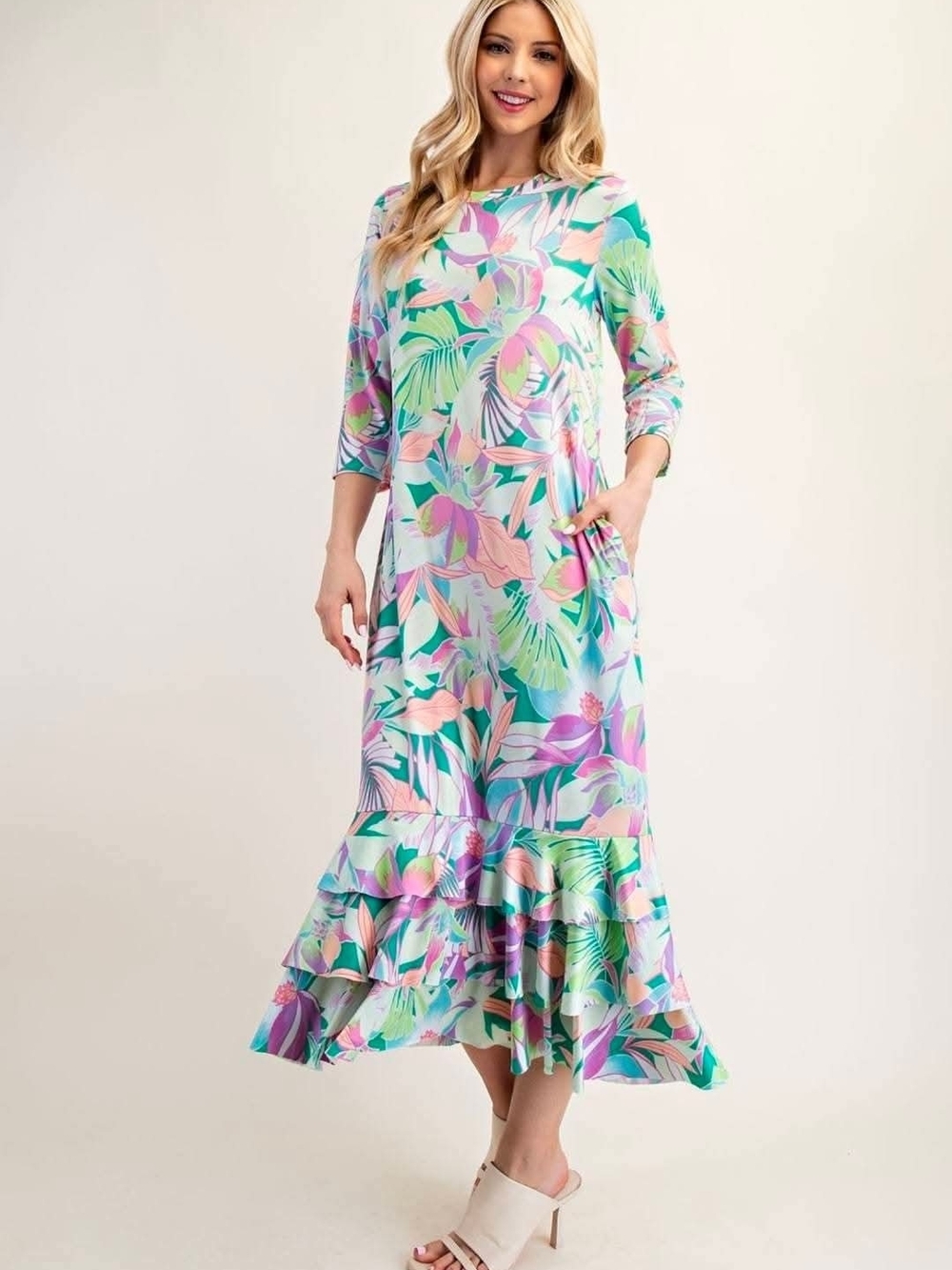 Celeste Pastel Botanical Ruffle-Hem Maxi Dress - Mint, Pink, Lavender